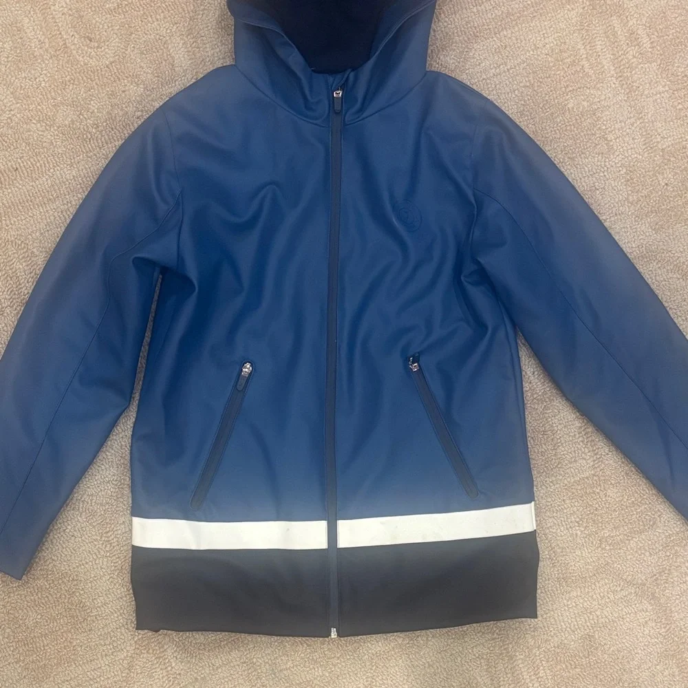 Kids Blue Hooded Rain Jacket with Reflective Trim